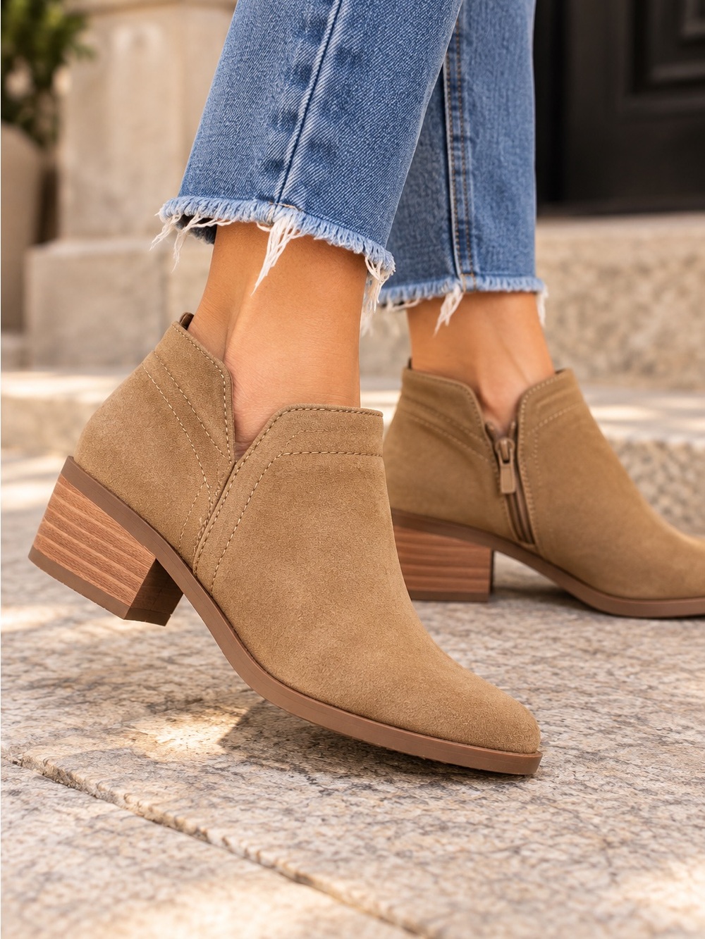 Time and Tru Taupe Suede Ankle Booties with Stacked Heel
